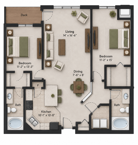 Floor plan for 2 beds, 2 baths, 1297 sqft